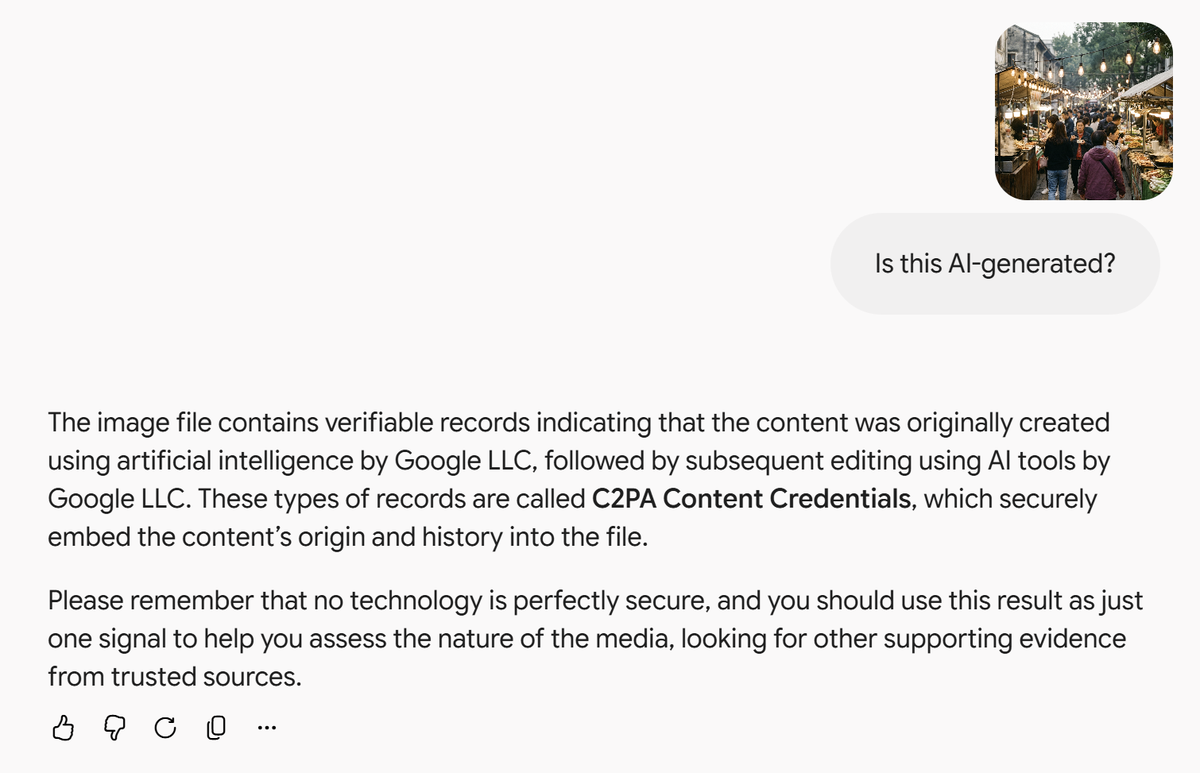 Gemini reporting C2PA Content Credentials showing the image was created and edited with AI by Google LLC