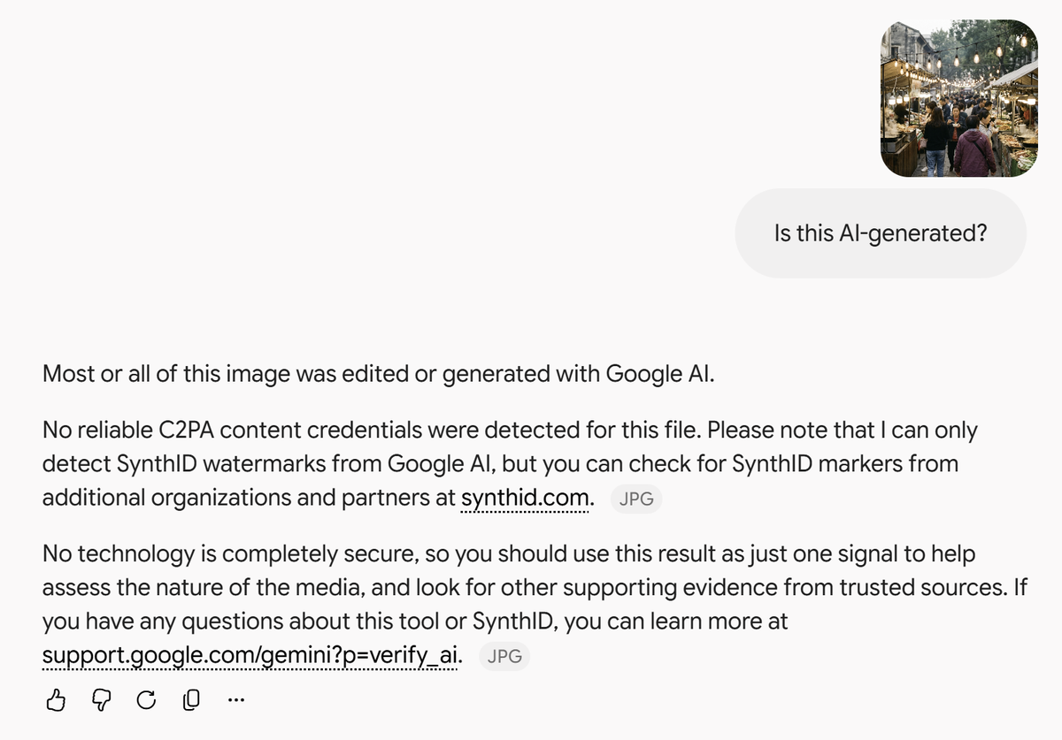 Gemini detecting Google AI in a PNG screenshot of a generated image and noting that no C2PA content credentials were found