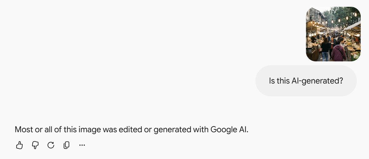 Gemini answering 'Most or all of this image was edited or generated with Google AI' for an image whose metadata had been removed